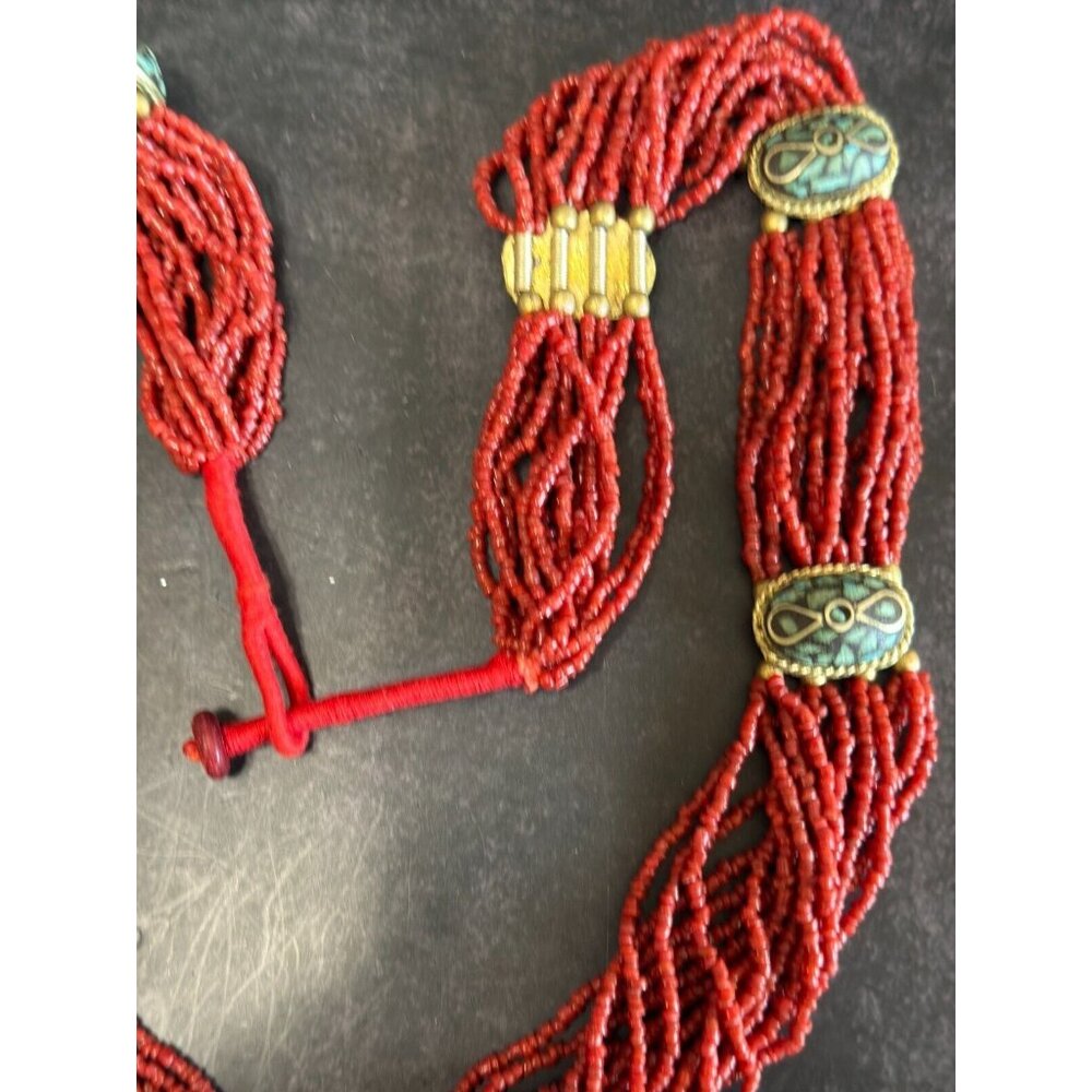 Tibetan Multi Strand Bamboo Coral Bead w/Turquoise Mosaic Inlaid Accent Necklace - Picture 7 of 8